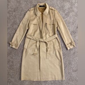 Zara Trench Coat Women size Small Beige Tan Faux Suede Sash Winter Long Jacket